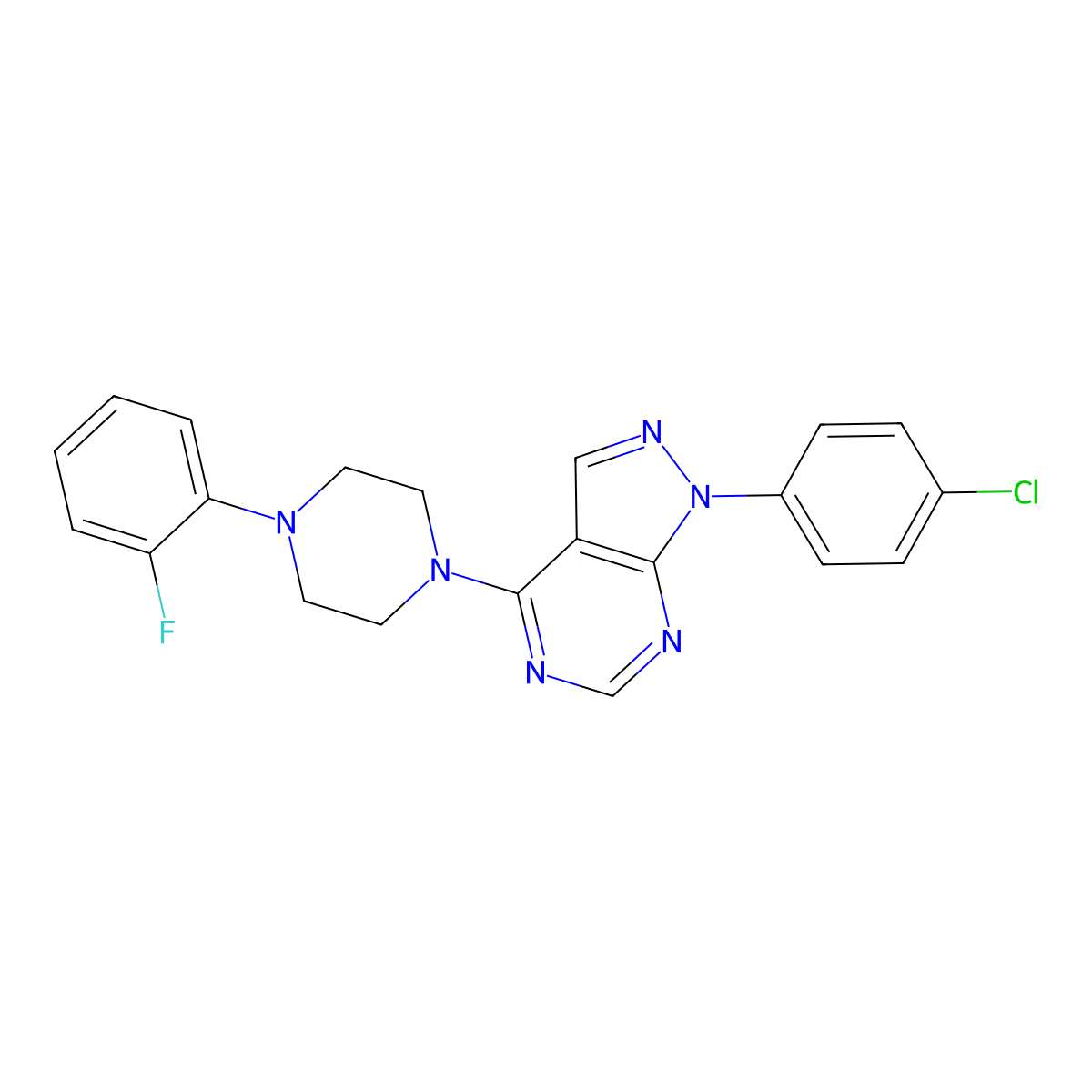 1-(4-chlorophenyl)-4-[4-(2-fluorophenyl)piperazin-1-yl]-1H-pyrazolo[3,4-d]pyrimidine molecular structure, CAS 393845-78-8