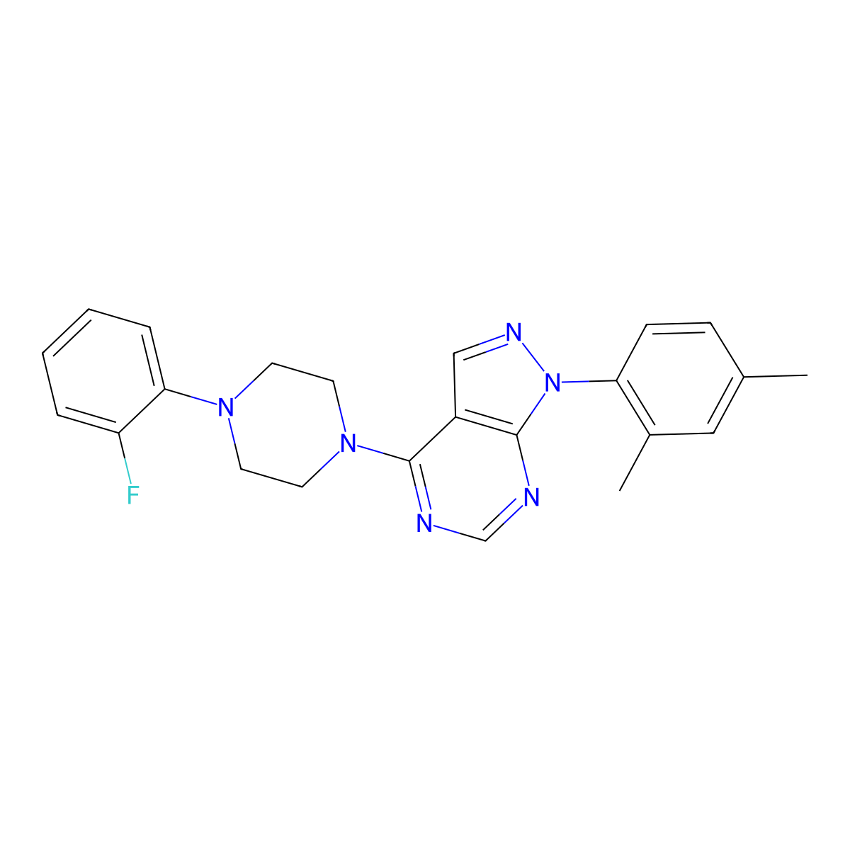 1-(2,4-dimethylphenyl)-4-(4-(2-fluorophenyl)piperazin-1-yl)-1H-pyrazolo[3,4-d]pyrimidine molecular structure, CAS 393845-81-3