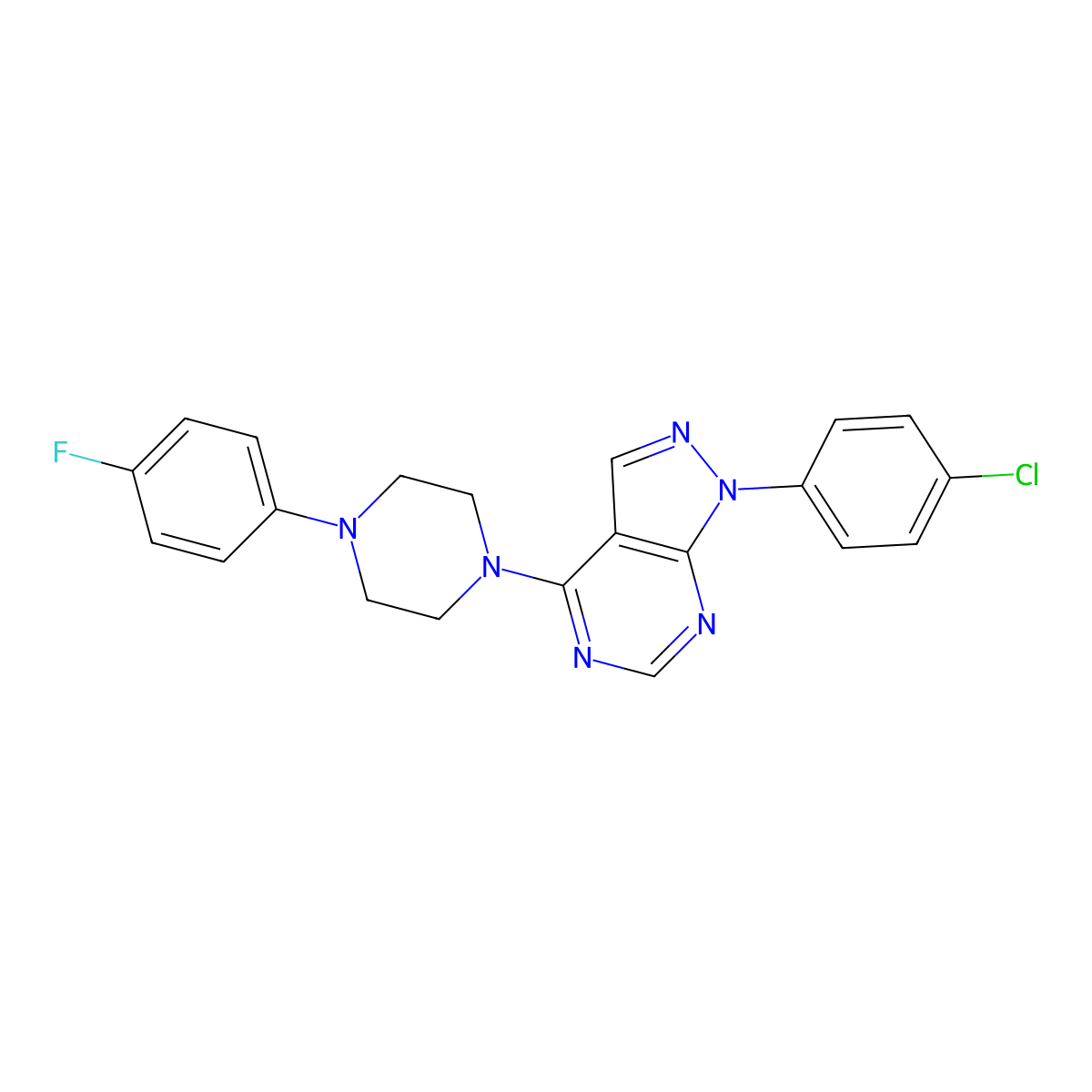 1-(4-Chlorophenyl)-4-[4-(4-fluorophenyl)piperazin-1-yl]pyrazolo[3,4-d]pyrimidine molecular structure, CAS 393845-83-5