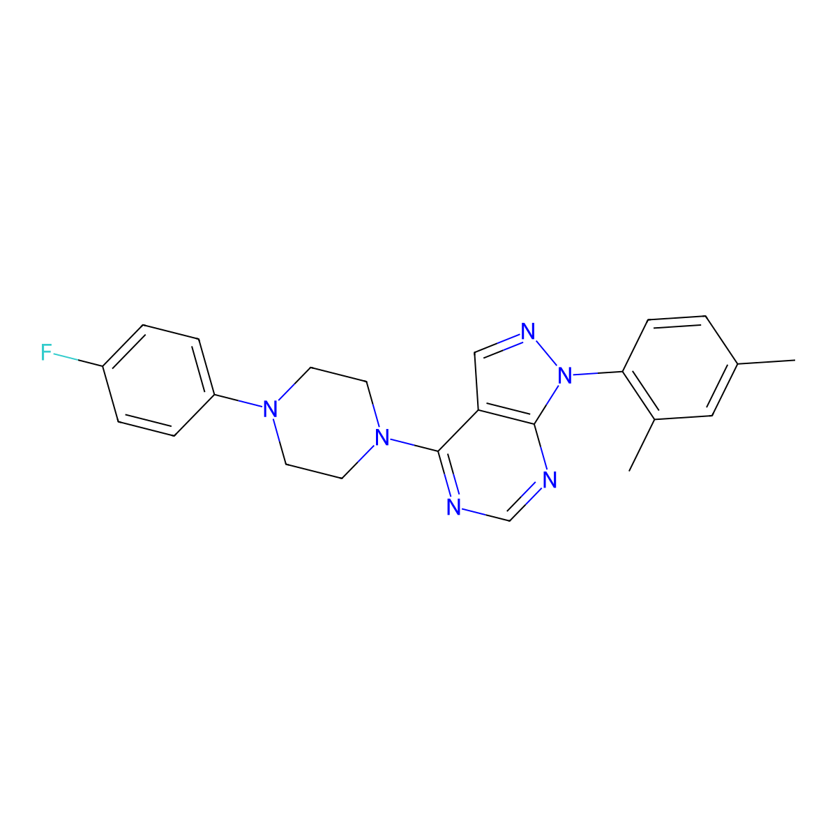 1-(2,4-Dimethylphenyl)-4-[4-(4-fluorophenyl)piperazin-1-yl]pyrazolo[3,4-d]pyrimidine molecular structure, CAS 393845-86-8