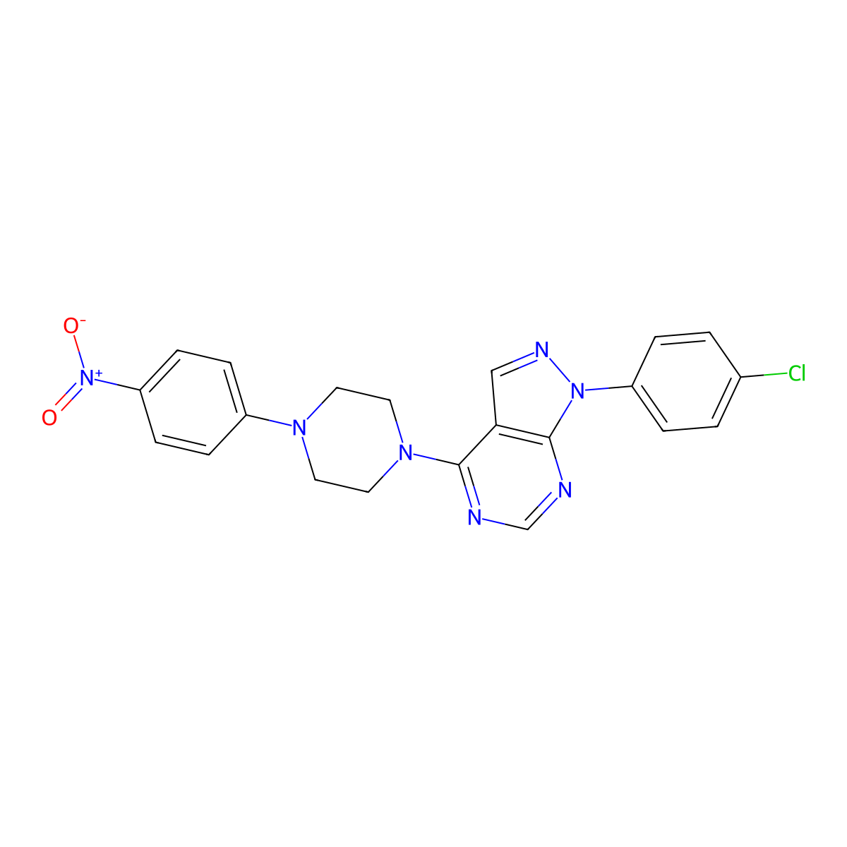 1-(4-Chlorophenyl)-4-[4-(4-nitrophenyl)piperazin-1-yl]pyrazolo[3,4-d]pyrimidine molecular structure, CAS 393845-88-0