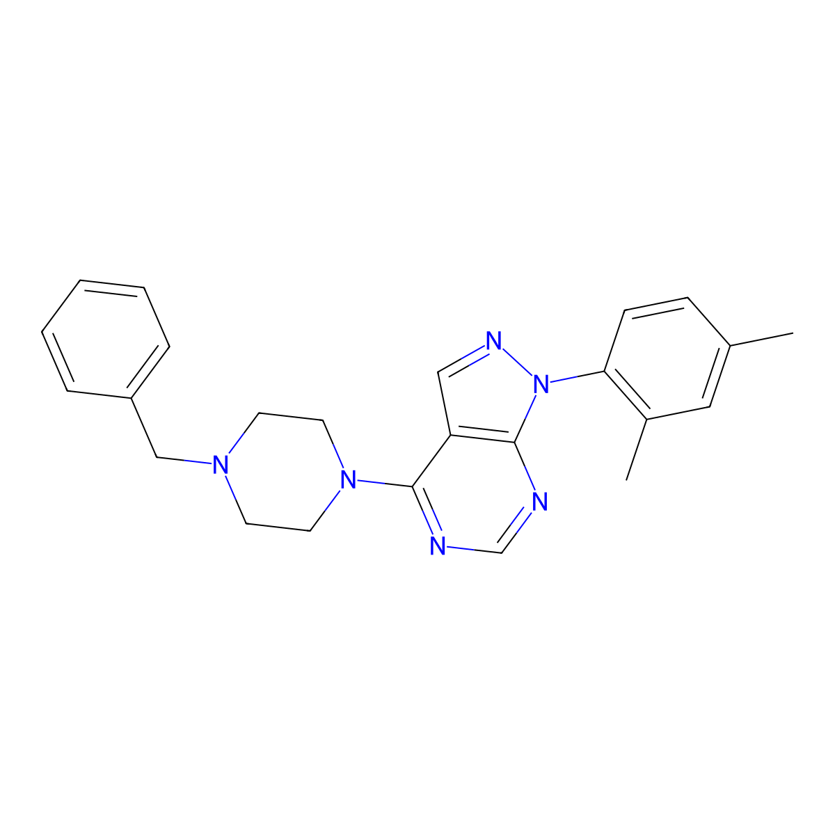 4-(4-benzylpiperazin-1-yl)-1-(2,4-dimethylphenyl)-1H-pyrazolo[3,4-d]pyrimidine molecular structure, CAS 393846-35-0