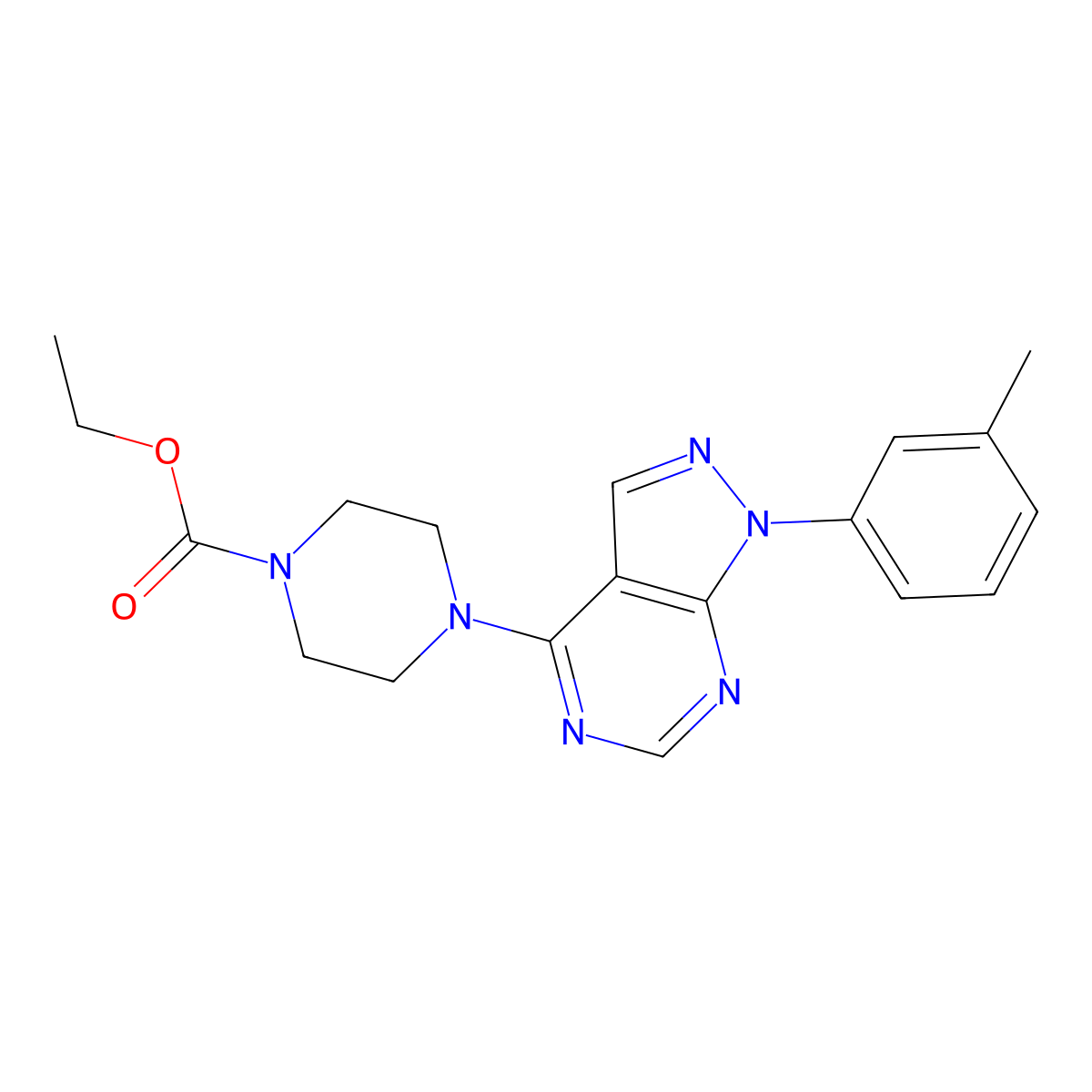 Ethyl 4-[1-(3-methylphenyl)pyrazolo[3,4-d]pyrimidin-4-yl]piperazine-1-carboxylate molecular structure, CAS 393846-43-0