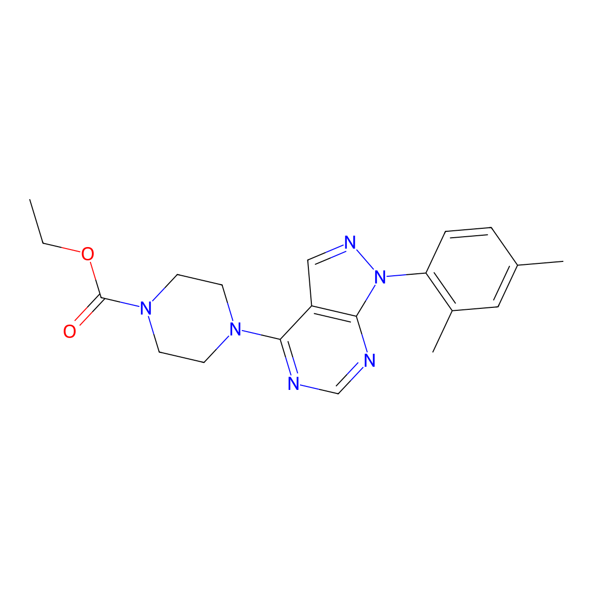 ethyl 4-(1-(2,4-dimethylphenyl)-1H-pyrazolo[3,4-d]pyrimidin-4-yl)piperazine-1-carboxylate molecular structure, CAS 393846-45-2