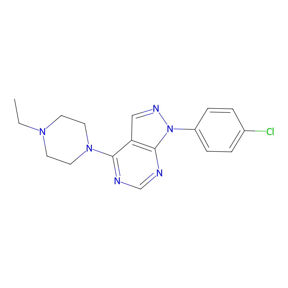 1-(4-chlorophenyl)-4-(4-ethylpiperazin-1-yl)-1H-pyrazolo[3,4-d]pyrimidine molecular structure, CAS 393846-48-5