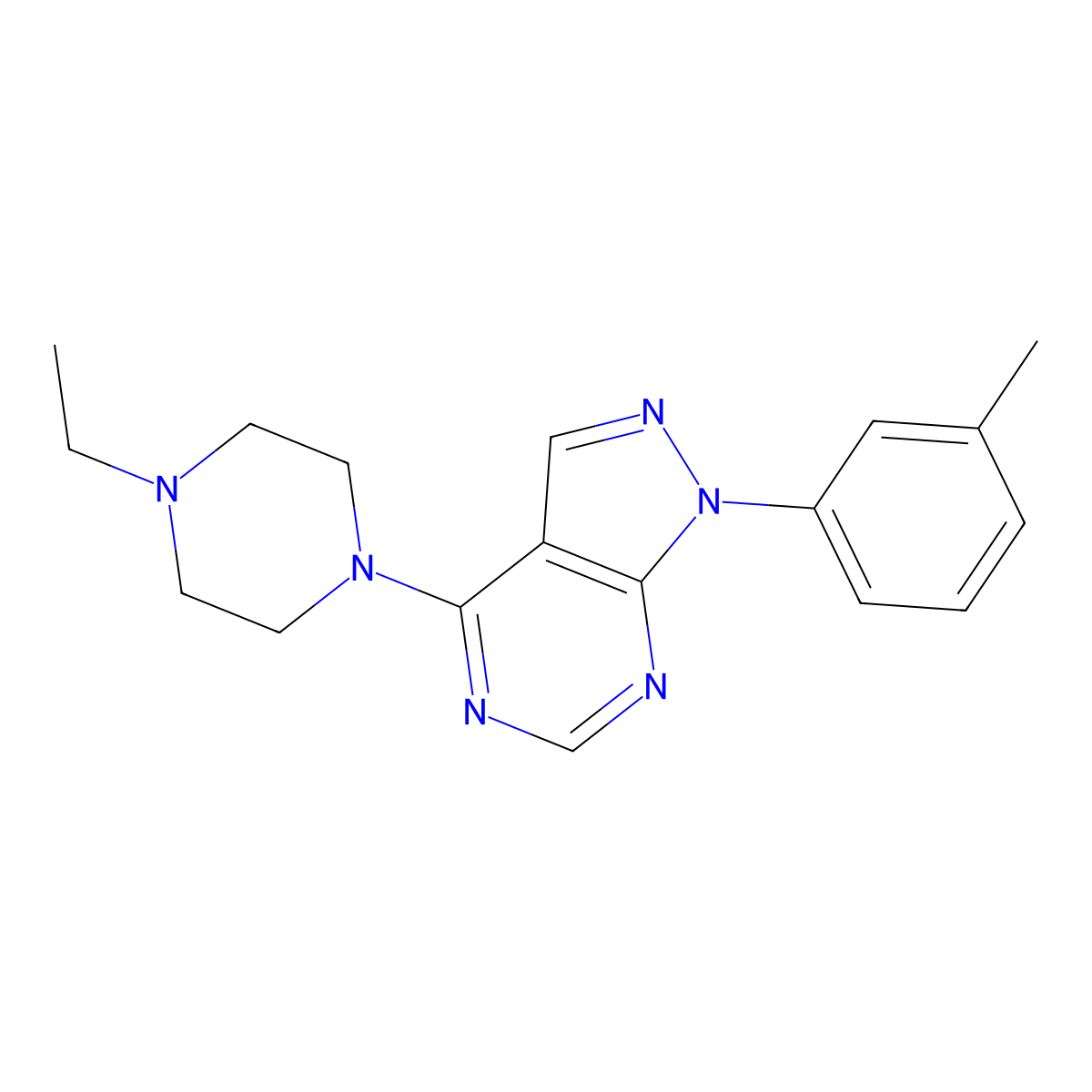 4-(4-ethylpiperazin-1-yl)-1-(m-tolyl)-1H-pyrazolo[3,4-d]pyrimidine molecular structure, CAS 393846-51-0