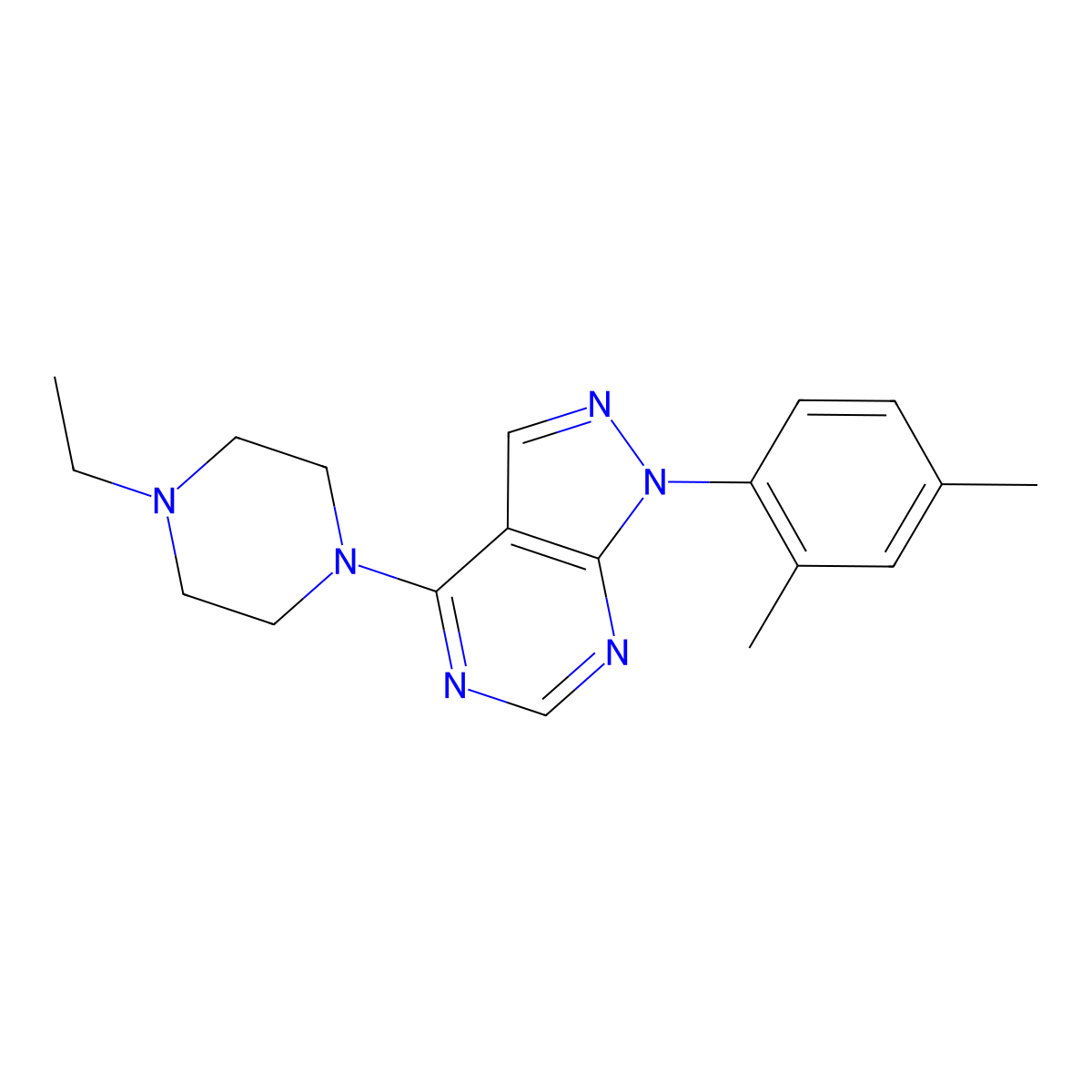 1-(2,4-dimethylphenyl)-4-(4-ethylpiperazin-1-yl)-1H-pyrazolo[3,4-d]pyrimidine molecular structure, CAS 393846-53-2