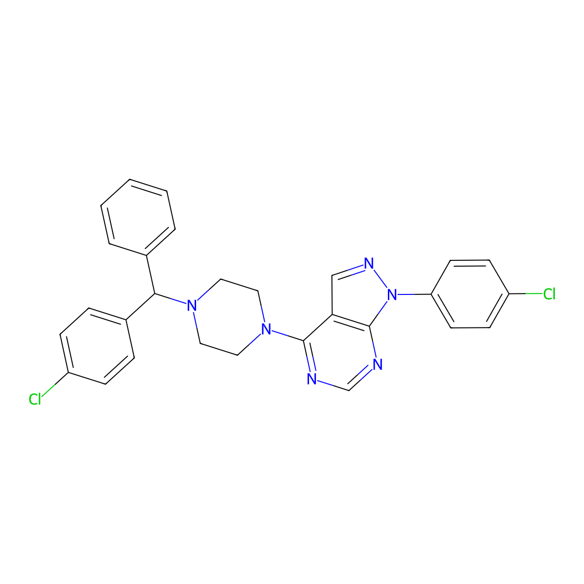1-(4-chlorophenyl)-4-(4-((4-chlorophenyl)(phenyl)methyl)piperazin-1-yl)-1H-pyrazolo[3,4-d]pyrimidine molecular structure, CAS 393846-85-0