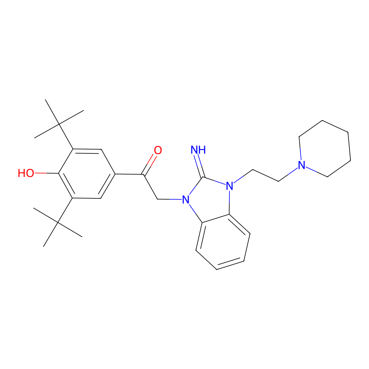 1-(3,5-Ditert-butyl-4-hydroxyphenyl)-2-[2-imino-3-(2-piperidin-1-ylethyl)benzimidazol-1-yl]ethanone molecular structure, CAS 393847-12-6