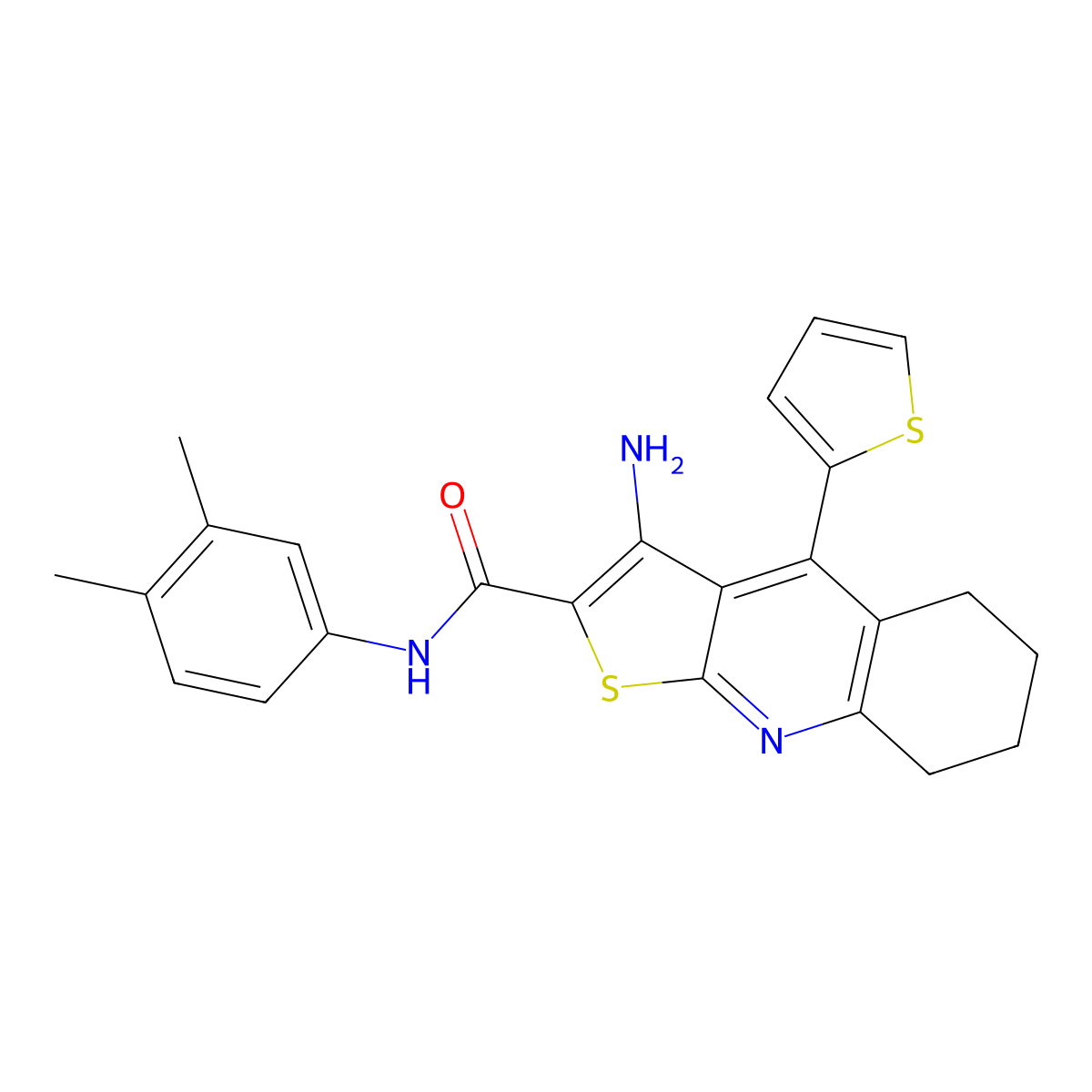 3-amino-N-(3,4-dimethylphenyl)-4-(thiophen-2-yl)-5,6,7,8-tetrahydrothieno[2,3-b]quinoline-2-carboxamide molecular structure, CAS 393847-57-9