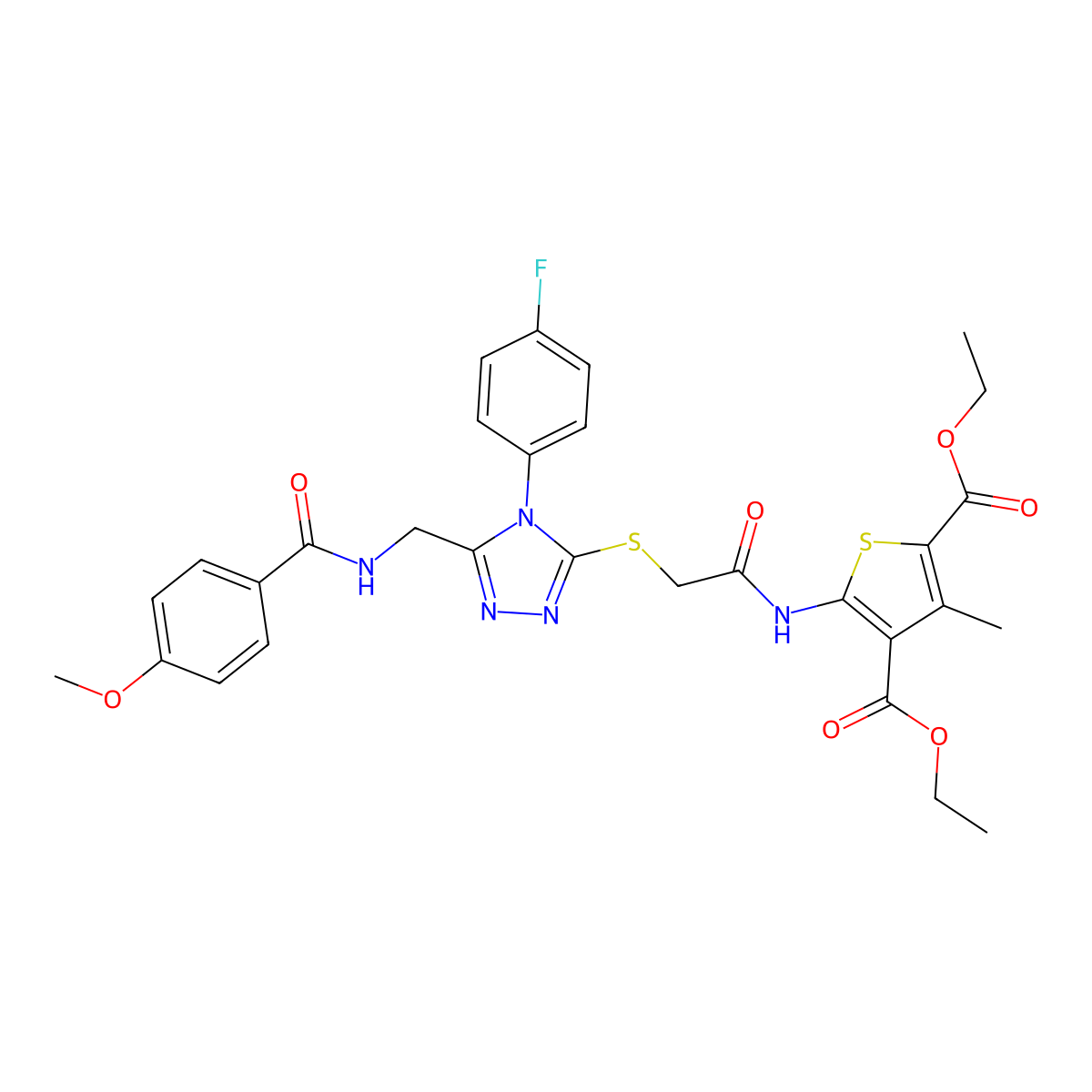 Diethyl 5-[[2-[[4-(4-fluorophenyl)-5-[[(4-methoxybenzoyl)amino]methyl]-1,2,4-triazol-3-yl]sulfanyl]acetyl]amino]-3-methylthiophene-2,4-dicarboxylate molecular structure, CAS 393847-80-8