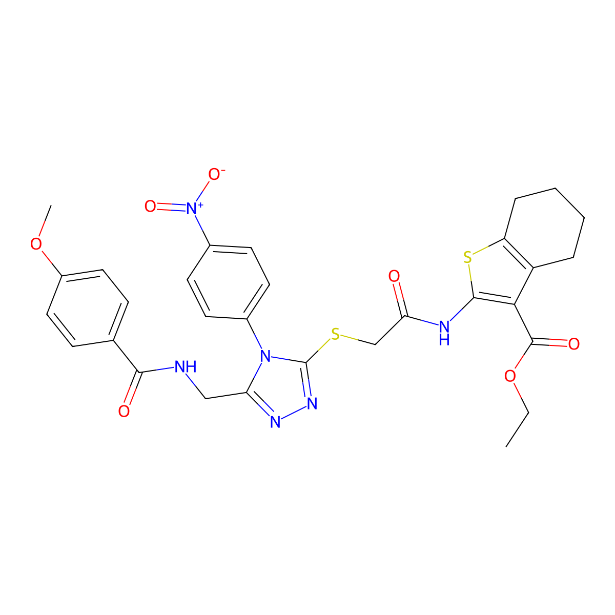 Ethyl 2-[[2-[[5-[[(4-methoxybenzoyl)amino]methyl]-4-(4-nitrophenyl)-1,2,4-triazol-3-yl]sulfanyl]acetyl]amino]-4,5,6,7-tetrahydro-1-benzothiophene-3-carboxylate molecular structure, CAS 393847-84-2