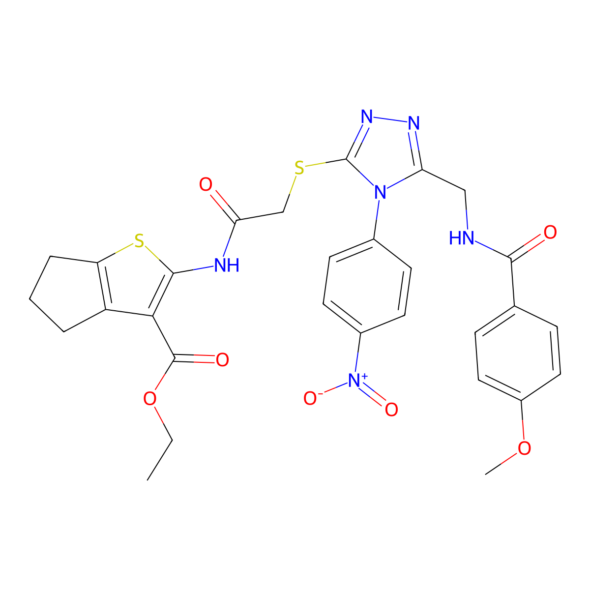 ethyl 2-[[2-[[5-[[(4-methoxybenzoyl)amino]methyl]-4-(4-nitrophenyl)-1,2,4-triazol-3-yl]sulfanyl]acetyl]amino]-5,6-dihydro-4H-cyclopenta[b]thiophene-3-carboxylate molecular structure, CAS 393847-85-3