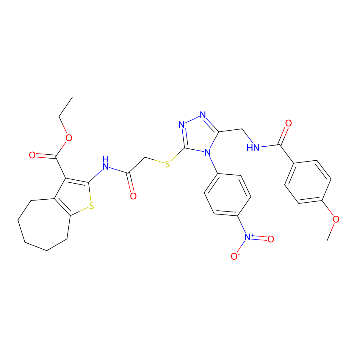 ethyl 2-(2-((5-((4-methoxybenzamido)methyl)-4-(4-nitrophenyl)-4H-1,2,4-triazol-3-yl)thio)acetamido)-5,6,7,8-tetrahydro-4H-cyclohepta[b]thiophene-3-carboxylate molecular structure, CAS 393847-86-4