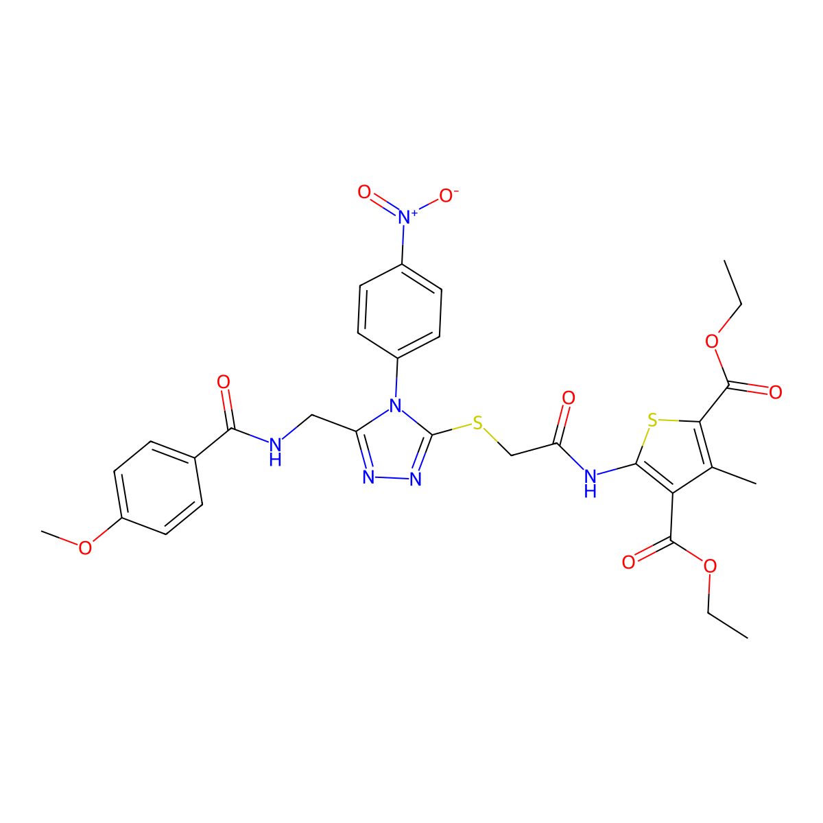 diethyl 5-(2-((5-((4-methoxybenzamido)methyl)-4-(4-nitrophenyl)-4H-1,2,4-triazol-3-yl)thio)acetamido)-3-methylthiophene-2,4-dicarboxylate molecular structure, CAS 393847-87-5