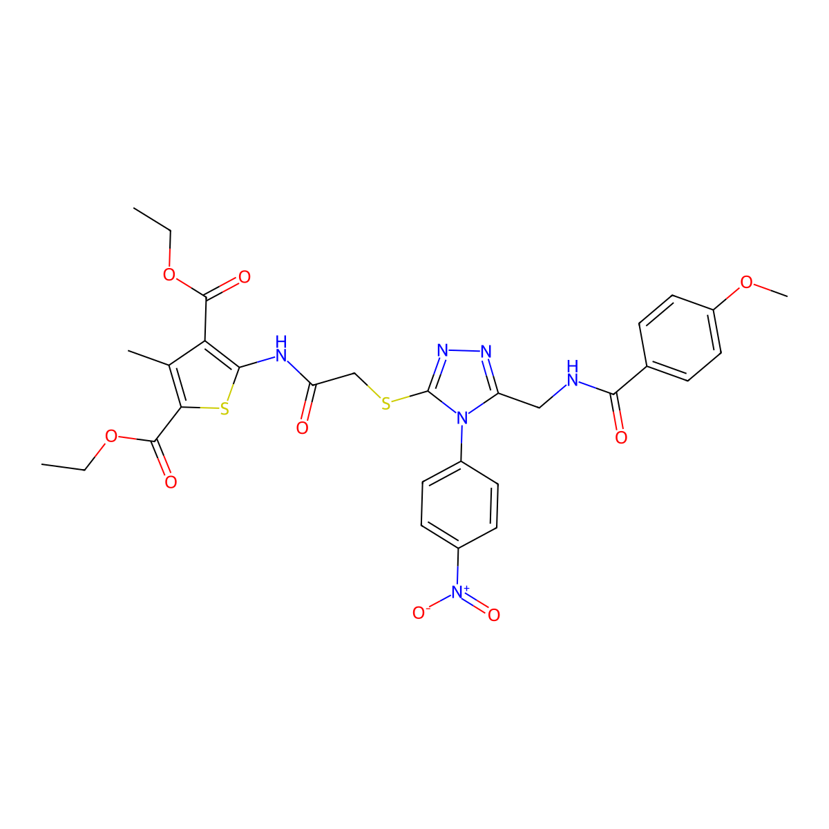 diethyl 5-(2-((5-((4-methoxybenzamido)methyl)-4-(4-nitrophenyl)-4H-1,2,4-triazol-3-yl)thio)acetamido)-3-methylthiophene-2,4-dicarboxylate molecular structure, CAS 393847-87-5