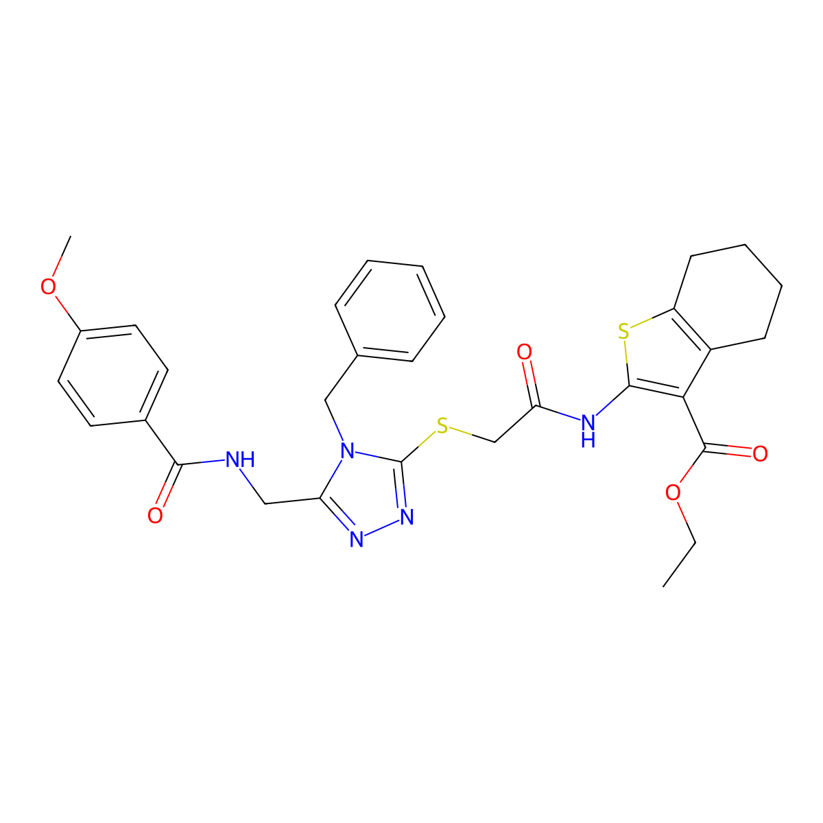 ethyl 2-(2-((4-benzyl-5-((4-methoxybenzamido)methyl)-4H-1,2,4-triazol-3-yl)thio)acetamido)-4,5,6,7-tetrahydrobenzo[b]thiophene-3-carboxylate molecular structure, CAS 393847-88-6
