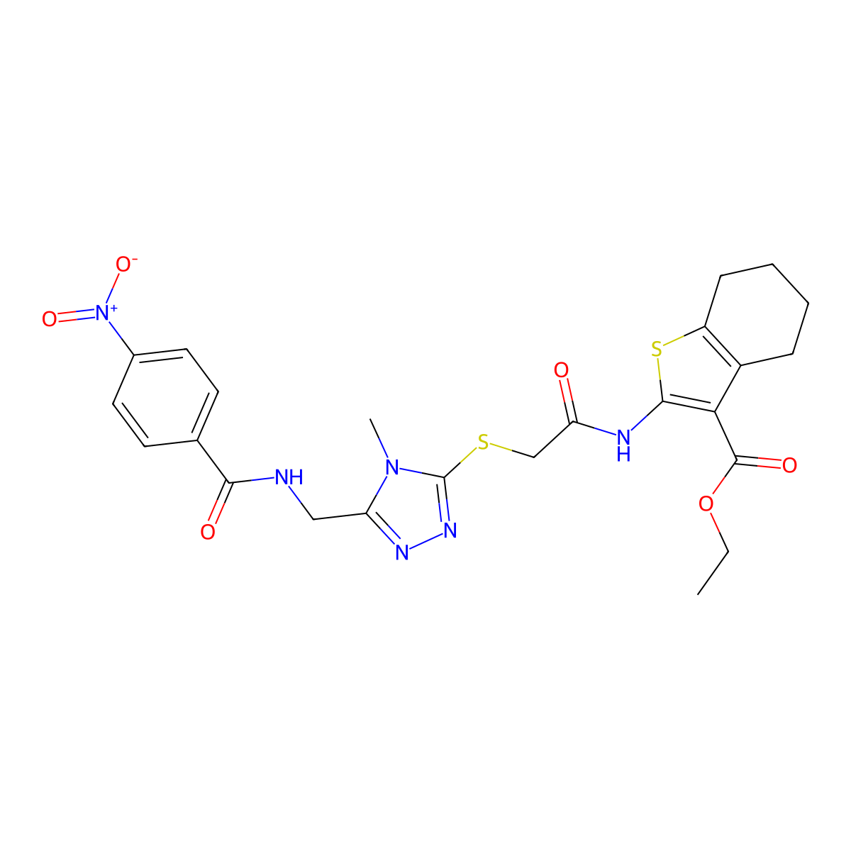ethyl 2-(2-((4-methyl-5-((4-nitrobenzamido)methyl)-4H-1,2,4-triazol-3-yl)thio)acetamido)-4,5,6,7-tetrahydrobenzo[b]thiophene-3-carboxylate molecular structure, CAS 393848-42-5