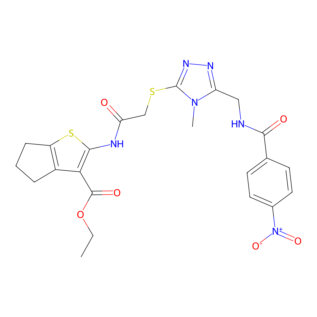 ethyl 2-(2-((4-methyl-5-((4-nitrobenzamido)methyl)-4H-1,2,4-triazol-3-yl)thio)acetamido)-5,6-dihydro-4H-cyclopenta[b]thiophene-3-carboxylate molecular structure, CAS 393848-43-6