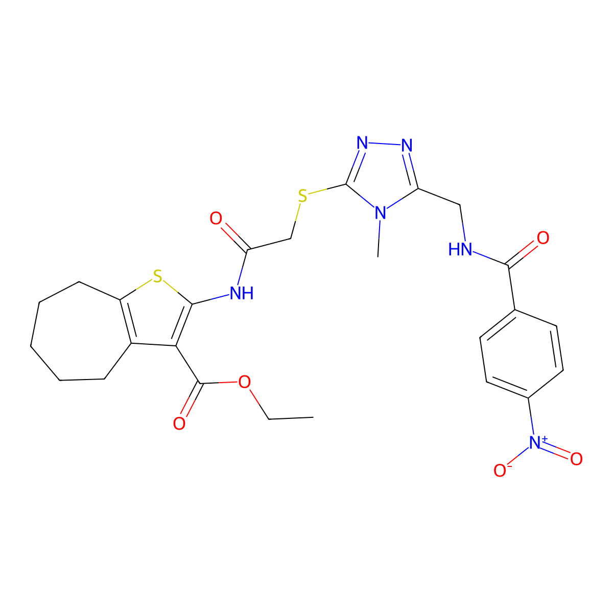 ethyl 2-(2-((4-methyl-5-((4-nitrobenzamido)methyl)-4H-1,2,4-triazol-3-yl)thio)acetamido)-5,6,7,8-tetrahydro-4H-cyclohepta[b]thiophene-3-carboxylate molecular structure, CAS 393848-44-7
