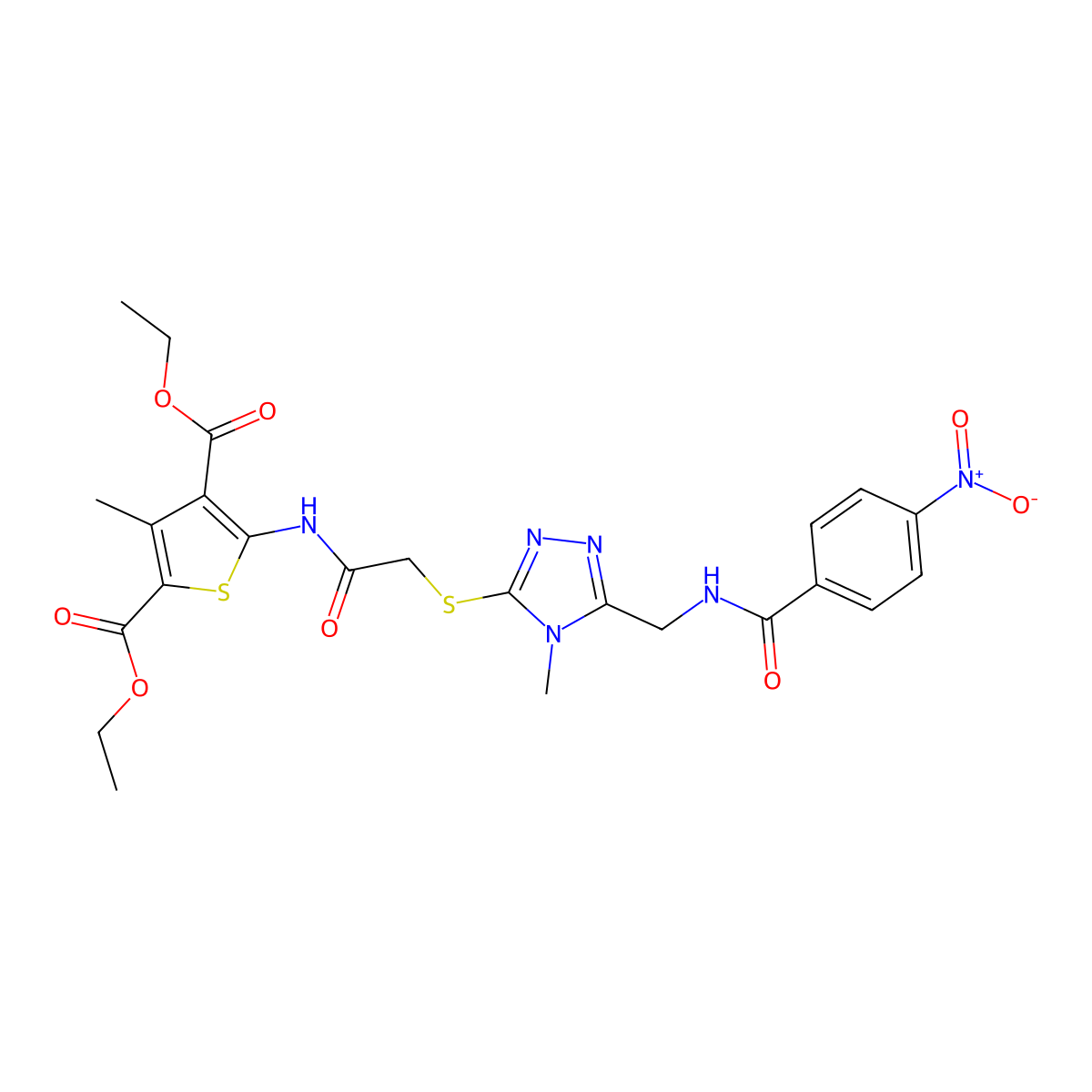 diethyl 3-methyl-5-(2-((4-methyl-5-((4-nitrobenzamido)methyl)-4H-1,2,4-triazol-3-yl)thio)acetamido)thiophene-2,4-dicarboxylate molecular structure, CAS 393848-46-9