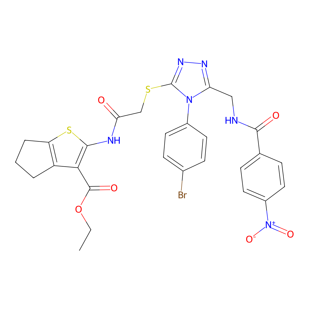 ethyl 2-(2-((4-(4-bromophenyl)-5-((4-nitrobenzamido)methyl)-4H-1,2,4-triazol-3-yl)thio)acetamido)-5,6-dihydro-4H-cyclopenta[b]thiophene-3-carboxylate molecular structure, CAS 393848-48-1