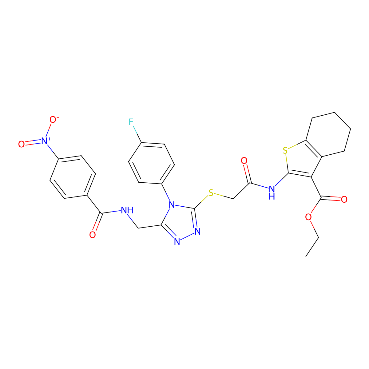 ethyl 2-(2-((4-(4-fluorophenyl)-5-((4-nitrobenzamido)methyl)-4H-1,2,4-triazol-3-yl)thio)acetamido)-4,5,6,7-tetrahydrobenzo[b]thiophene-3-carboxylate molecular structure, CAS 393848-50-5