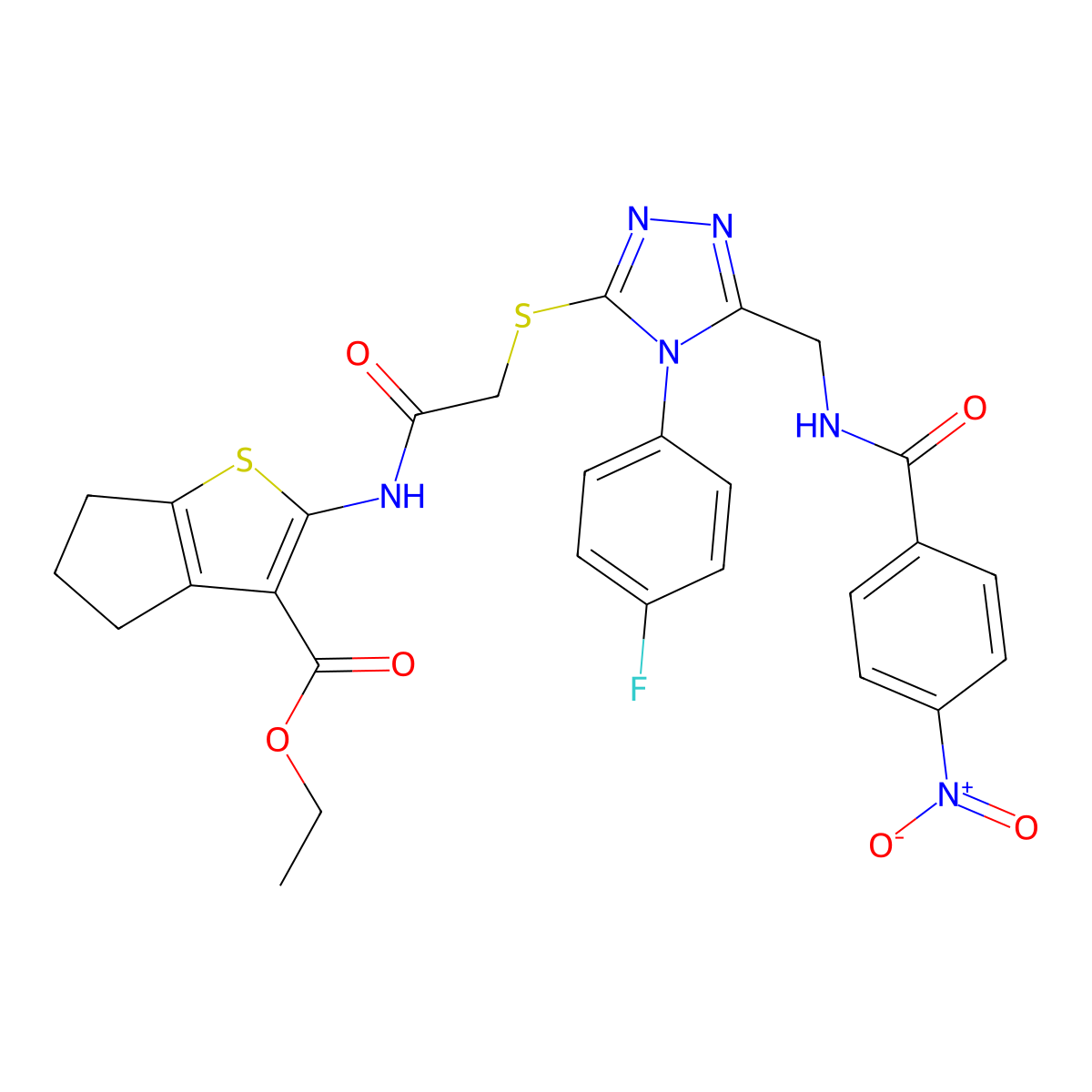 ethyl 2-[[2-[[4-(4-fluorophenyl)-5-[[(4-nitrobenzoyl)amino]methyl]-1,2,4-triazol-3-yl]sulfanyl]acetyl]amino]-5,6-dihydro-4H-cyclopenta[b]thiophene-3-carboxylate molecular structure, CAS 393848-52-7
