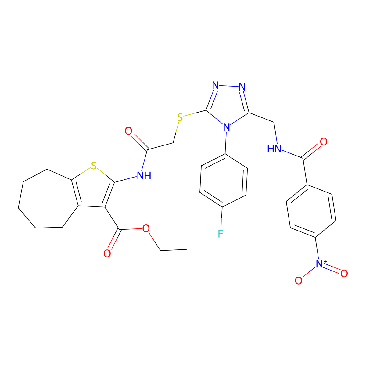 ethyl 2-[[2-[[4-(4-fluorophenyl)-5-[[(4-nitrobenzoyl)amino]methyl]-1,2,4-triazol-3-yl]sulfanyl]acetyl]amino]-5,6,7,8-tetrahydro-4H-cyclohepta[b]thiophene-3-carboxylate molecular structure, CAS 393848-54-9