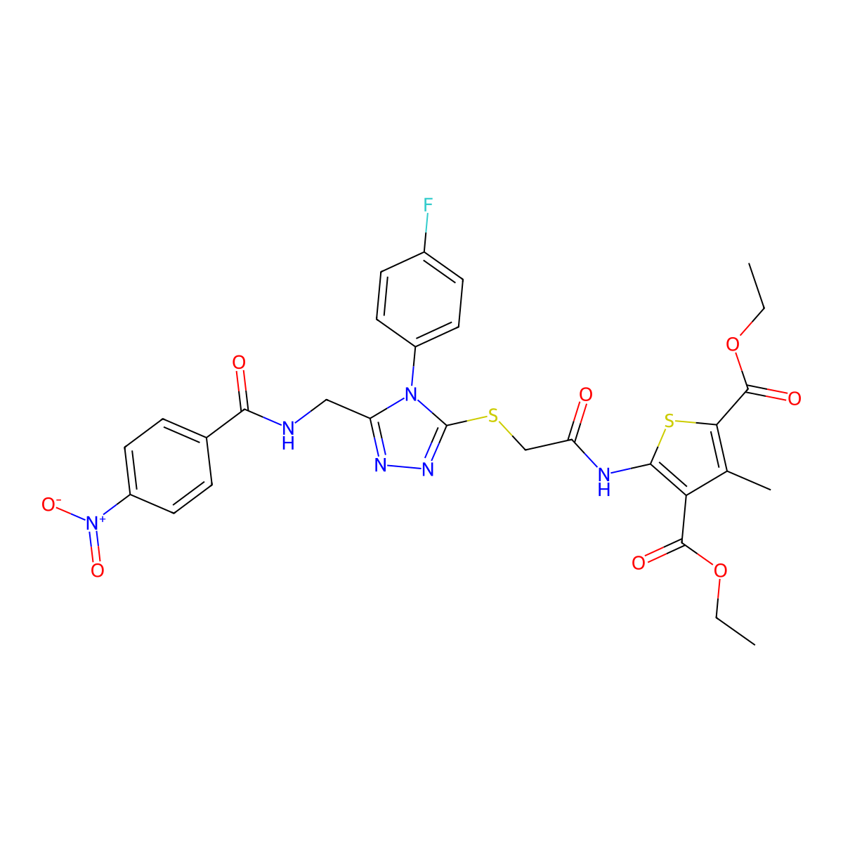 diethyl 5-(2-((4-(4-fluorophenyl)-5-((4-nitrobenzamido)methyl)-4H-1,2,4-triazol-3-yl)thio)acetamido)-3-methylthiophene-2,4-dicarboxylate molecular structure, CAS 393848-56-1