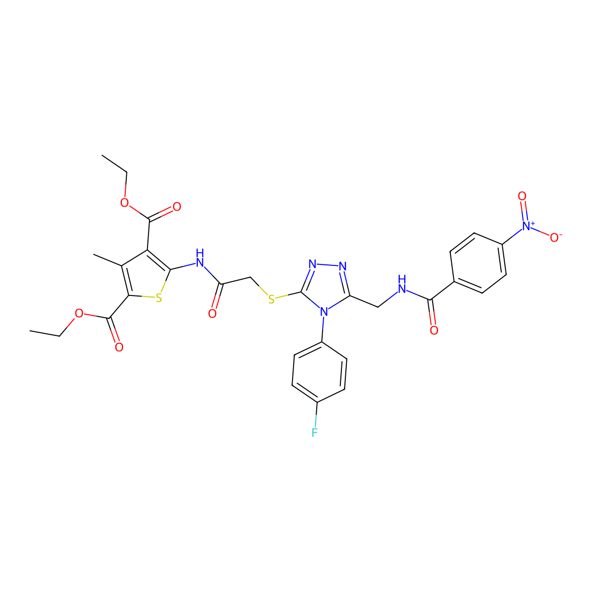 diethyl 5-(2-((4-(4-fluorophenyl)-5-((4-nitrobenzamido)methyl)-4H-1,2,4-triazol-3-yl)thio)acetamido)-3-methylthiophene-2,4-dicarboxylate molecular structure, CAS 393848-56-1