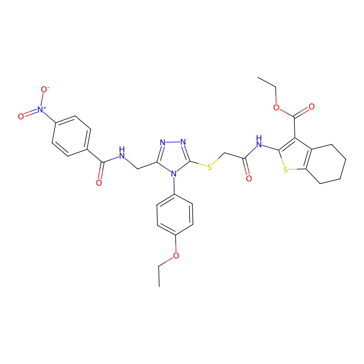 ethyl 2-(2-((4-(4-ethoxyphenyl)-5-((4-nitrobenzamido)methyl)-4H-1,2,4-triazol-3-yl)thio)acetamido)-4,5,6,7-tetrahydrobenzo[b]thiophene-3-carboxylate molecular structure, CAS 393848-58-3