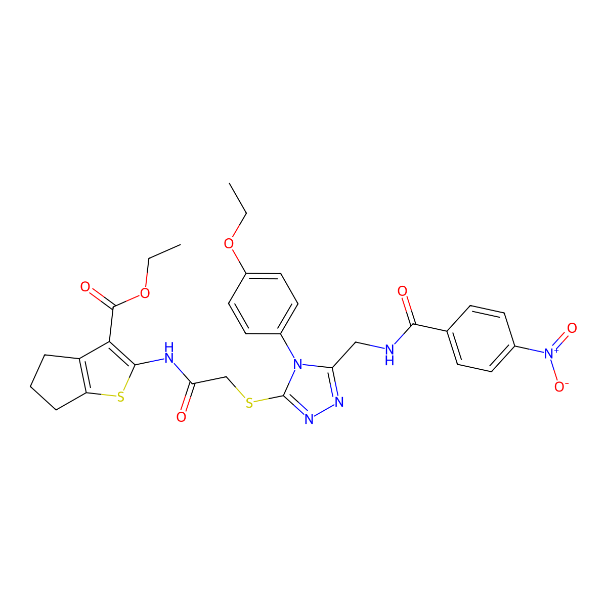 ethyl 2-(2-((4-(4-ethoxyphenyl)-5-((4-nitrobenzamido)methyl)-4H-1,2,4-triazol-3-yl)thio)acetamido)-5,6-dihydro-4H-cyclopenta[b]thiophene-3-carboxylate molecular structure, CAS 393848-72-1