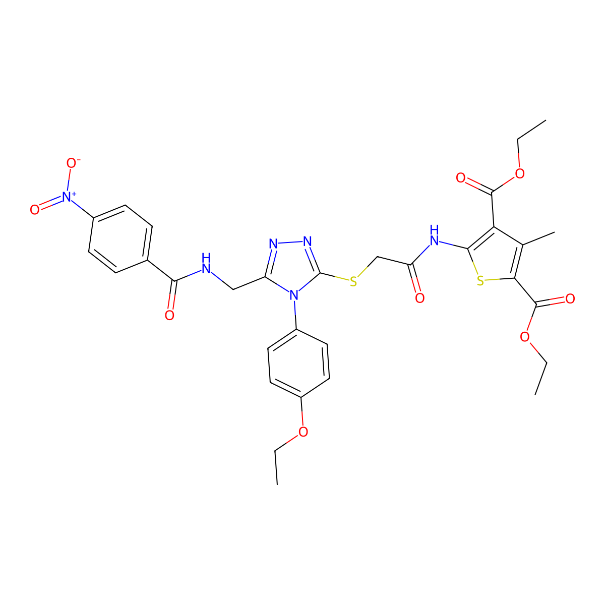 Diethyl 5-[[2-[[4-(4-ethoxyphenyl)-5-[[(4-nitrobenzoyl)amino]methyl]-1,2,4-triazol-3-yl]sulfanyl]acetyl]amino]-3-methylthiophene-2,4-dicarboxylate molecular structure, CAS 393848-76-5