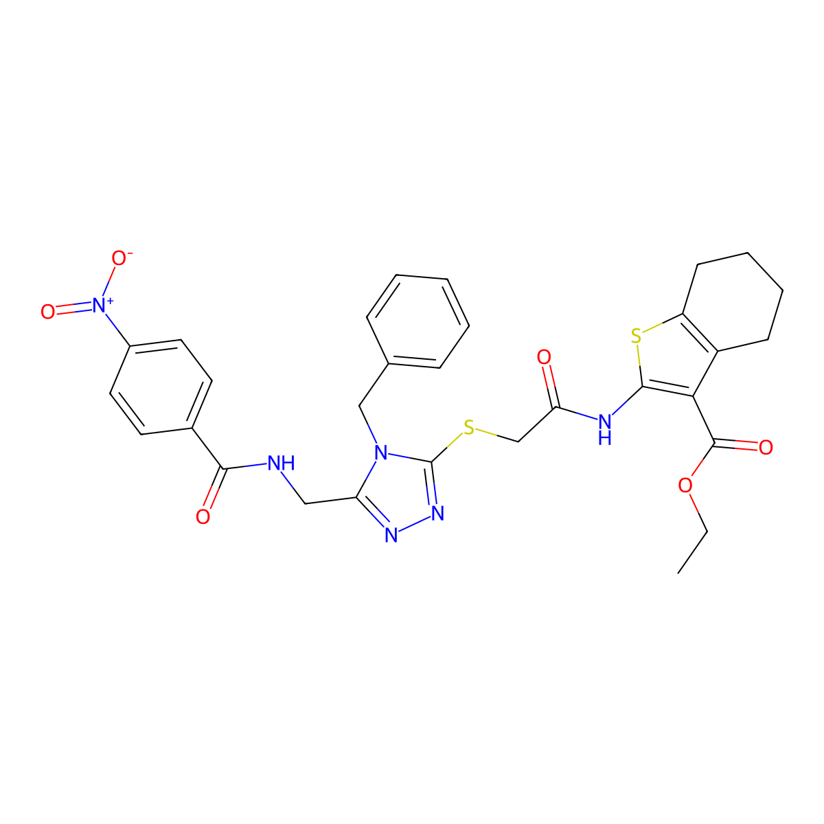 ethyl 2-(2-((4-benzyl-5-((4-nitrobenzamido)methyl)-4H-1,2,4-triazol-3-yl)thio)acetamido)-4,5,6,7-tetrahydrobenzo[b]thiophene-3-carboxylate molecular structure, CAS 393848-86-7