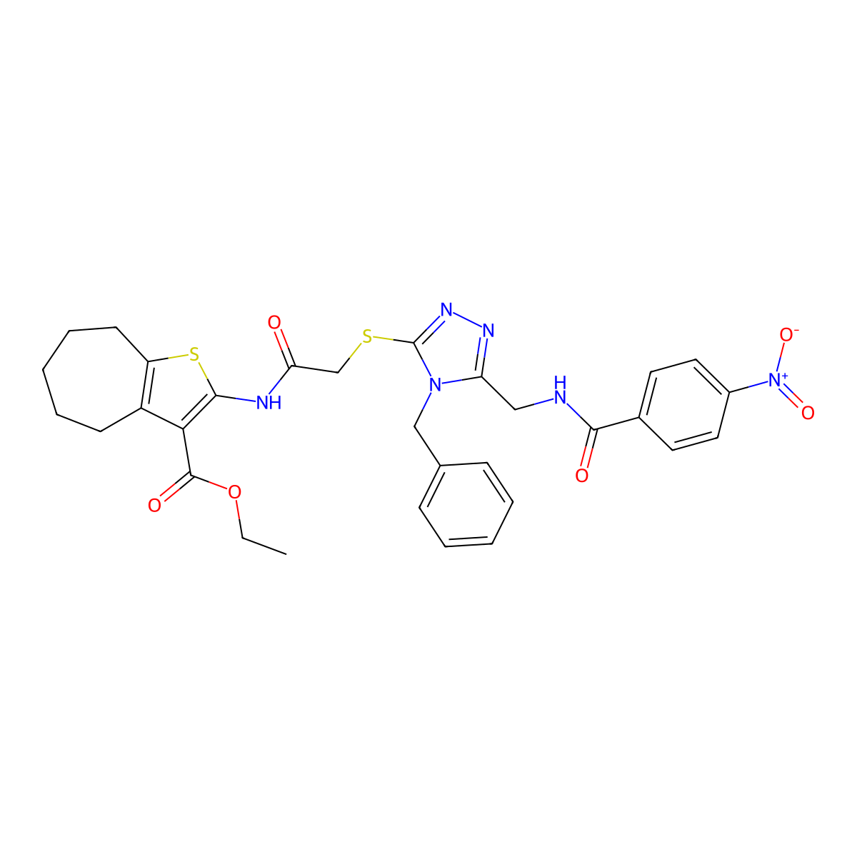 ethyl 2-(2-((4-benzyl-5-((4-nitrobenzamido)methyl)-4H-1,2,4-triazol-3-yl)thio)acetamido)-5,6,7,8-tetrahydro-4H-cyclohepta[b]thiophene-3-carboxylate molecular structure, CAS 393848-90-3