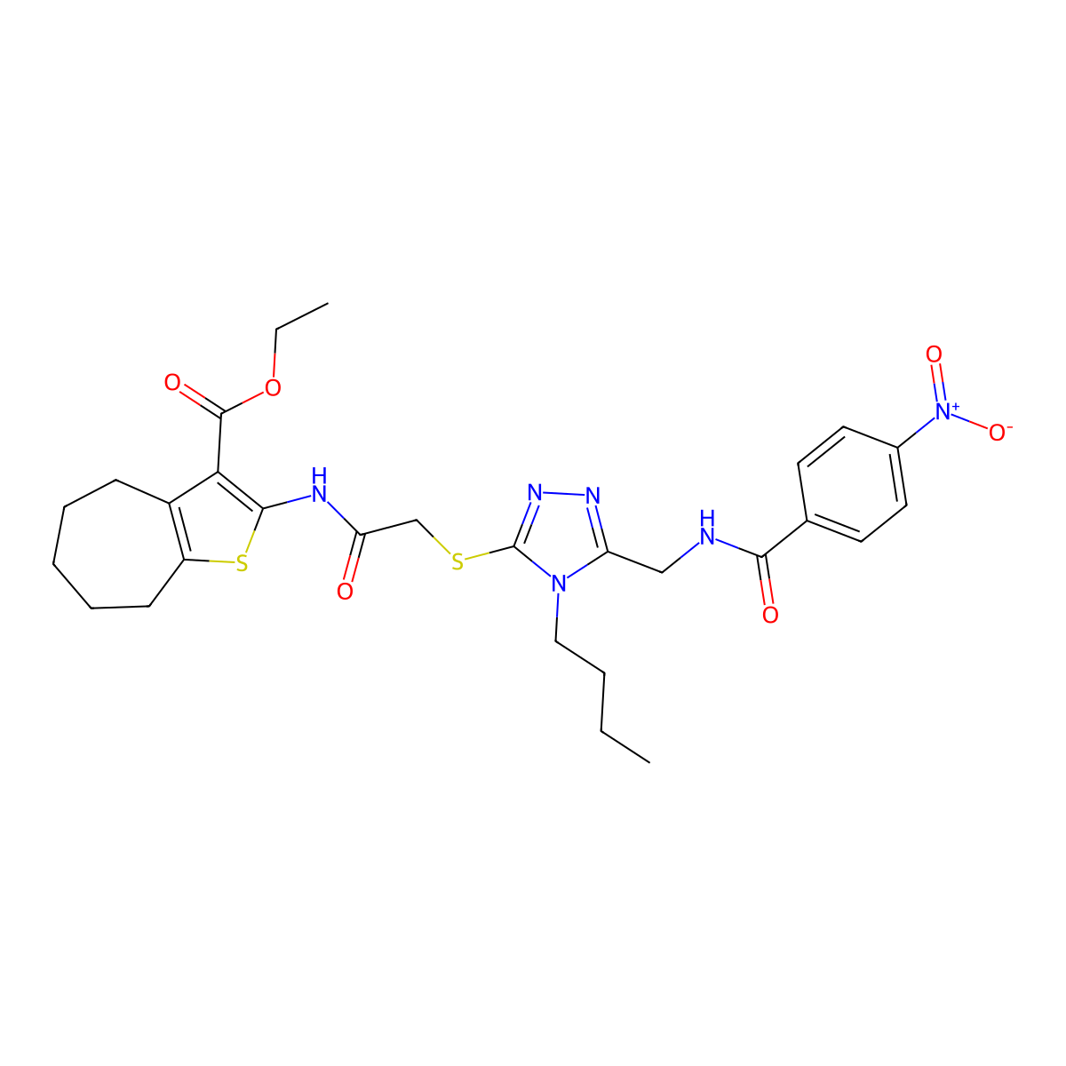 ethyl 2-[[2-[[4-butyl-5-[[(4-nitrobenzoyl)amino]methyl]-1,2,4-triazol-3-yl]sulfanyl]acetyl]amino]-5,6,7,8-tetrahydro-4H-cyclohepta[b]thiophene-3-carboxylate molecular structure, CAS 393849-06-4