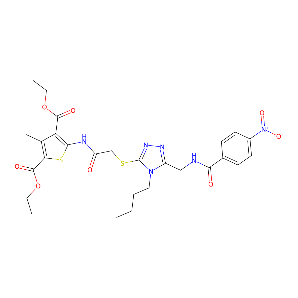 diethyl 5-(2-((4-butyl-5-((4-nitrobenzamido)methyl)-4H-1,2,4-triazol-3-yl)thio)acetamido)-3-methylthiophene-2,4-dicarboxylate molecular structure, CAS 393849-08-6