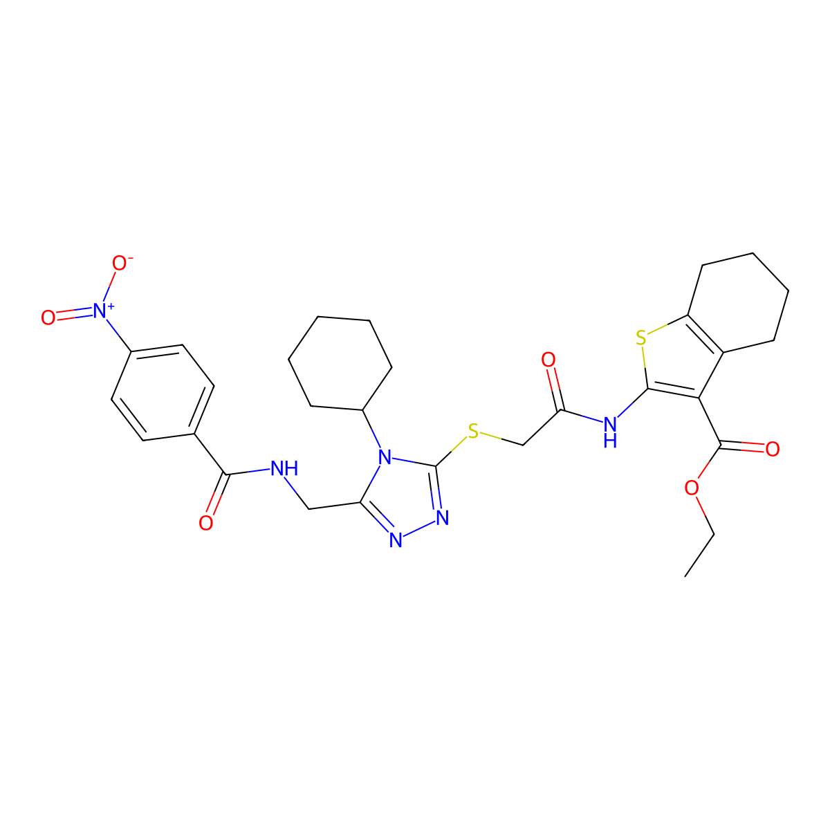ethyl 2-(2-((4-cyclohexyl-5-((4-nitrobenzamido)methyl)-4H-1,2,4-triazol-3-yl)thio)acetamido)-4,5,6,7-tetrahydrobenzo[b]thiophene-3-carboxylate molecular structure, CAS 393849-10-0