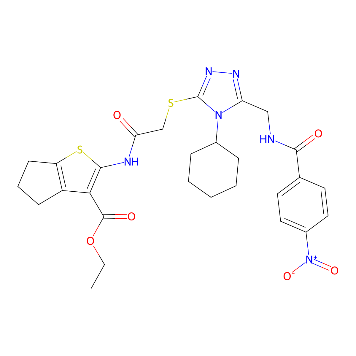 ethyl 2-[[2-[[4-cyclohexyl-5-[[(4-nitrobenzoyl)amino]methyl]-1,2,4-triazol-3-yl]sulfanyl]acetyl]amino]-5,6-dihydro-4H-cyclopenta[b]thiophene-3-carboxylate molecular structure, CAS 393849-11-1