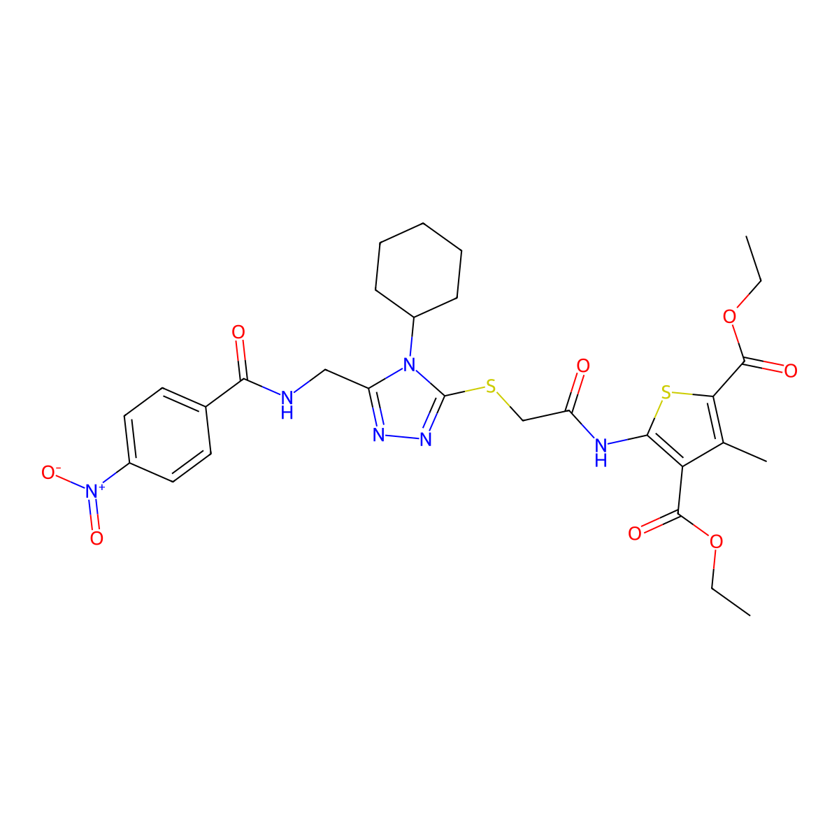 Diethyl 5-[[2-[[4-cyclohexyl-5-[[(4-nitrobenzoyl)amino]methyl]-1,2,4-triazol-3-yl]sulfanyl]acetyl]amino]-3-methylthiophene-2,4-dicarboxylate molecular structure, CAS 393849-13-3