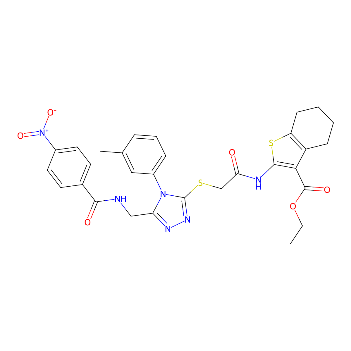 ethyl 2-(2-((5-((4-nitrobenzamido)methyl)-4-(m-tolyl)-4H-1,2,4-triazol-3-yl)thio)acetamido)-4,5,6,7-tetrahydrobenzo[b]thiophene-3-carboxylate molecular structure, CAS 393849-15-5