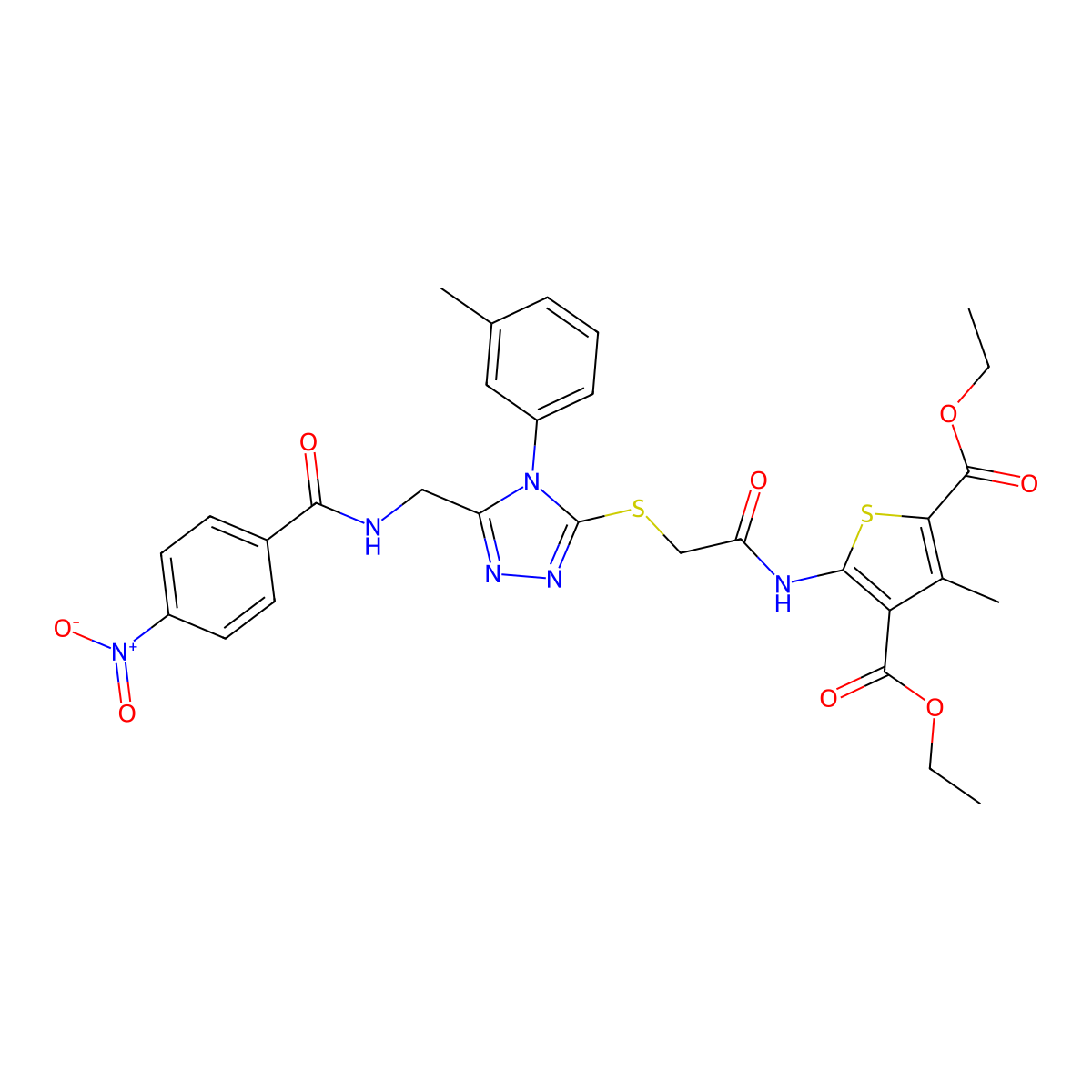 Diethyl 3-methyl-5-[[2-[[4-(3-methylphenyl)-5-[[(4-nitrobenzoyl)amino]methyl]-1,2,4-triazol-3-yl]sulfanyl]acetyl]amino]thiophene-2,4-dicarboxylate molecular structure, CAS 393849-19-9