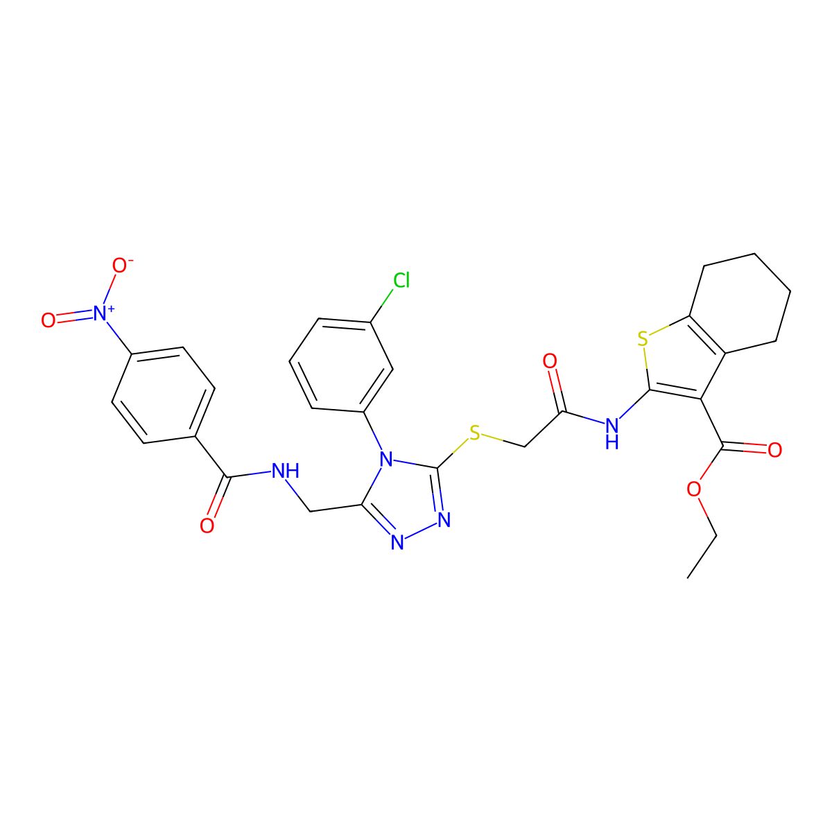 Ethyl 2-[[2-[[4-(3-chlorophenyl)-5-[[(4-nitrobenzoyl)amino]methyl]-1,2,4-triazol-3-yl]sulfanyl]acetyl]amino]-4,5,6,7-tetrahydro-1-benzothiophene-3-carboxylate molecular structure, CAS 393849-21-3