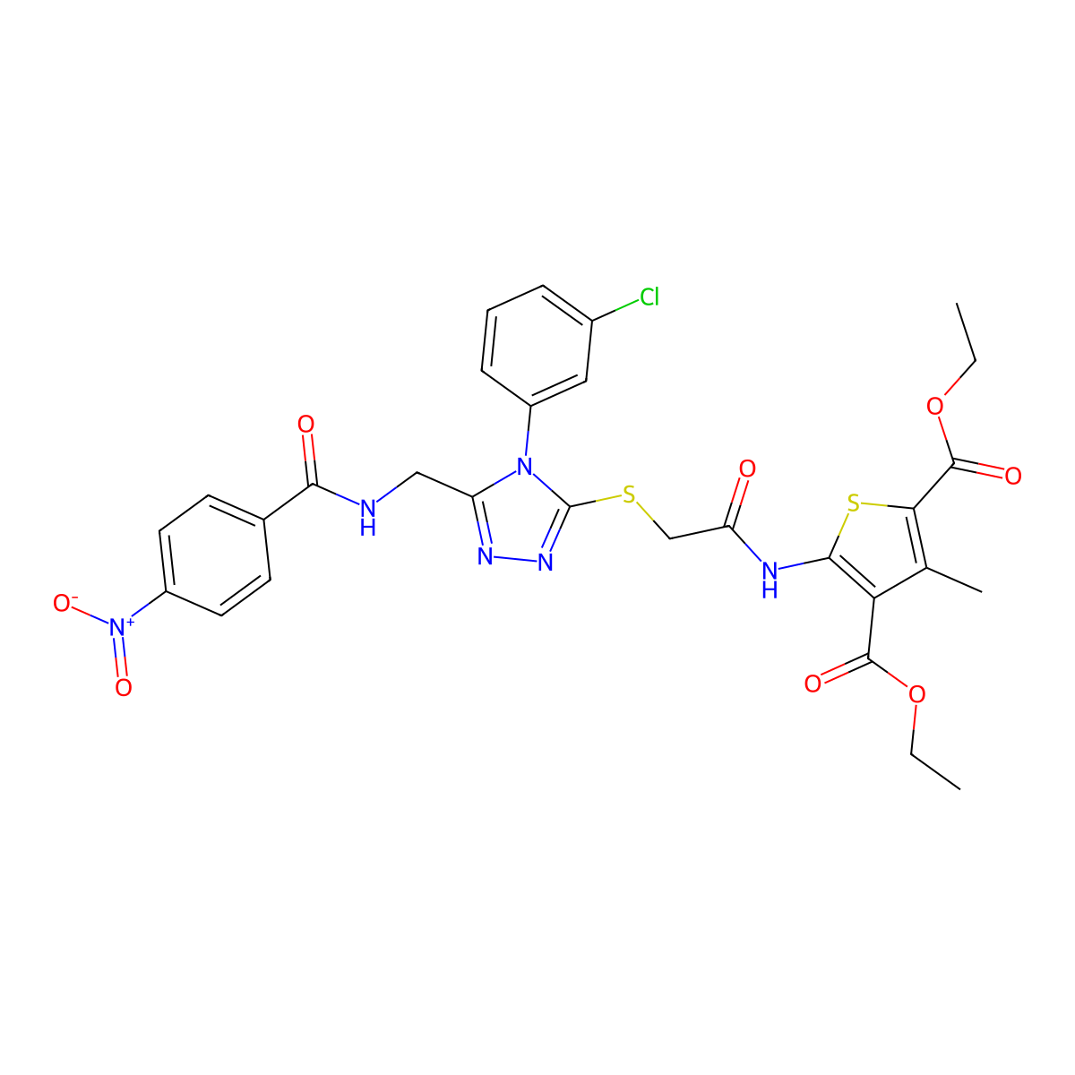 Diethyl 5-[[2-[[4-(3-chlorophenyl)-5-[[(4-nitrobenzoyl)amino]methyl]-1,2,4-triazol-3-yl]sulfanyl]acetyl]amino]-3-methylthiophene-2,4-dicarboxylate molecular structure, CAS 393849-25-7