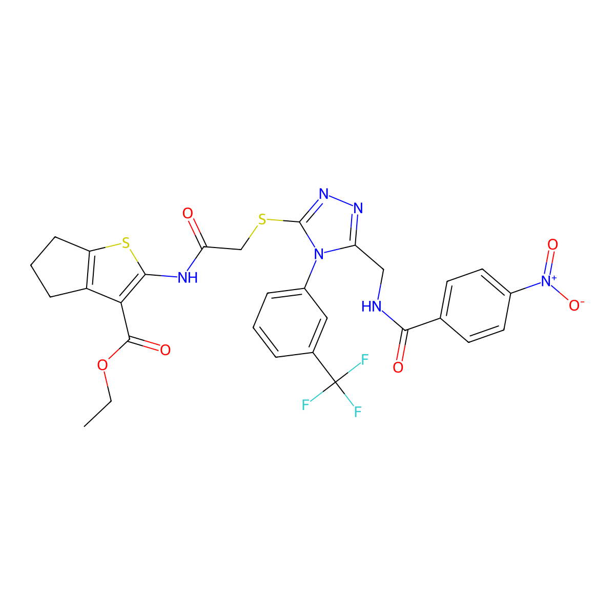 ethyl 2-(2-((5-((4-nitrobenzamido)methyl)-4-(3-(trifluoromethyl)phenyl)-4H-1,2,4-triazol-3-yl)thio)acetamido)-5,6-dihydro-4H-cyclopenta[b]thiophene-3-carboxylate molecular structure, CAS 393849-27-9