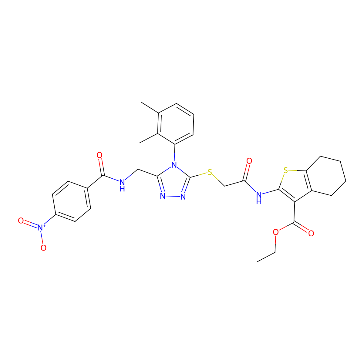 ethyl 2-(2-((4-(2,3-dimethylphenyl)-5-((4-nitrobenzamido)methyl)-4H-1,2,4-triazol-3-yl)thio)acetamido)-4,5,6,7-tetrahydrobenzo[b]thiophene-3-carboxylate molecular structure, CAS 393849-29-1