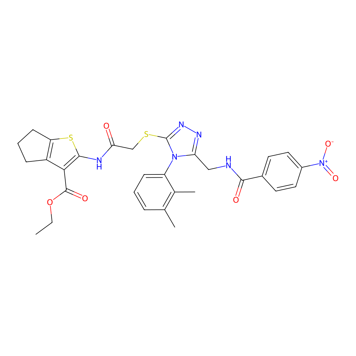ethyl 2-(2-((4-(2,3-dimethylphenyl)-5-((4-nitrobenzamido)methyl)-4H-1,2,4-triazol-3-yl)thio)acetamido)-5,6-dihydro-4H-cyclopenta[b]thiophene-3-carboxylate molecular structure, CAS 393849-31-5