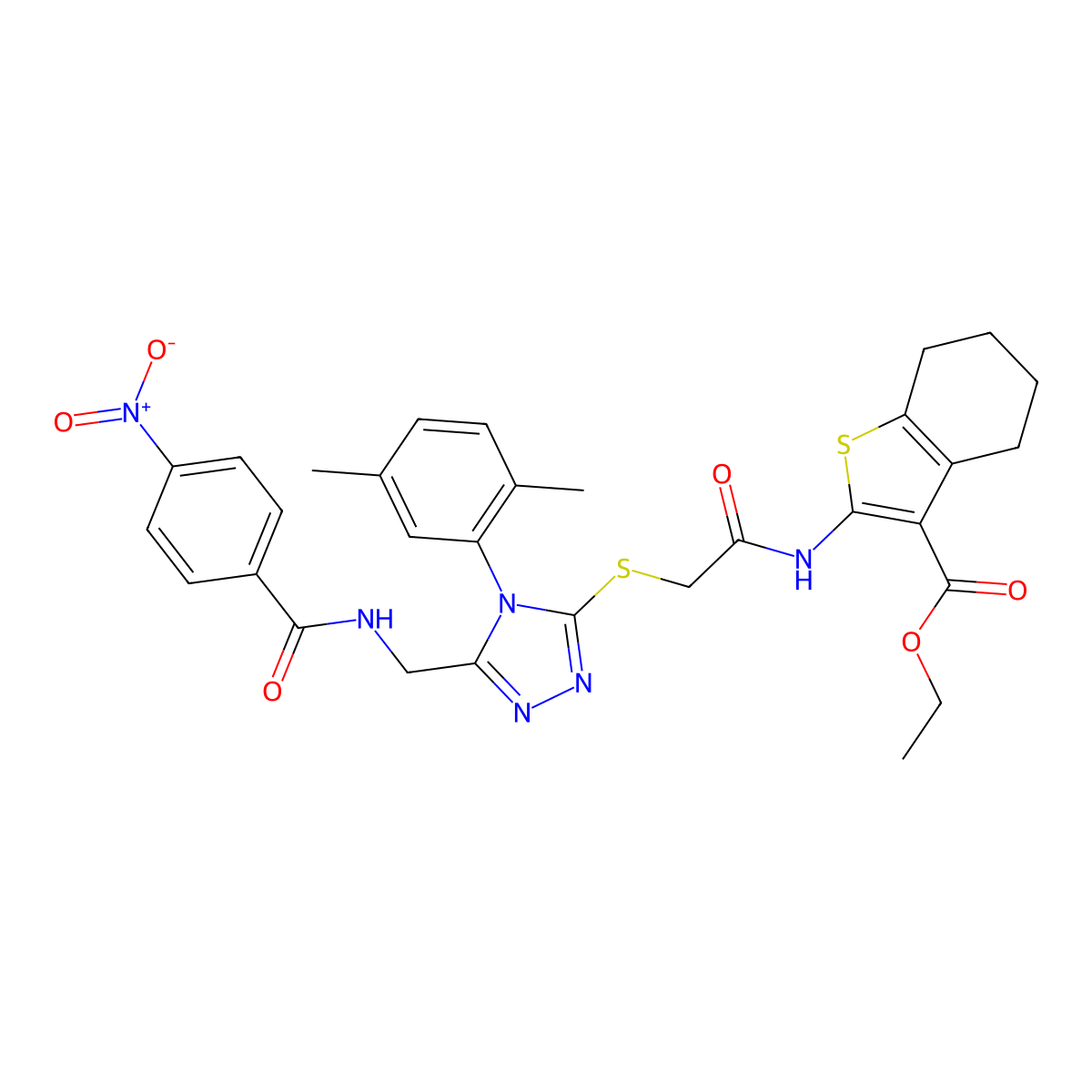 ethyl 2-(2-((4-(2,5-dimethylphenyl)-5-((4-nitrobenzamido)methyl)-4H-1,2,4-triazol-3-yl)thio)acetamido)-4,5,6,7-tetrahydrobenzo[b]thiophene-3-carboxylate molecular structure, CAS 393849-37-1