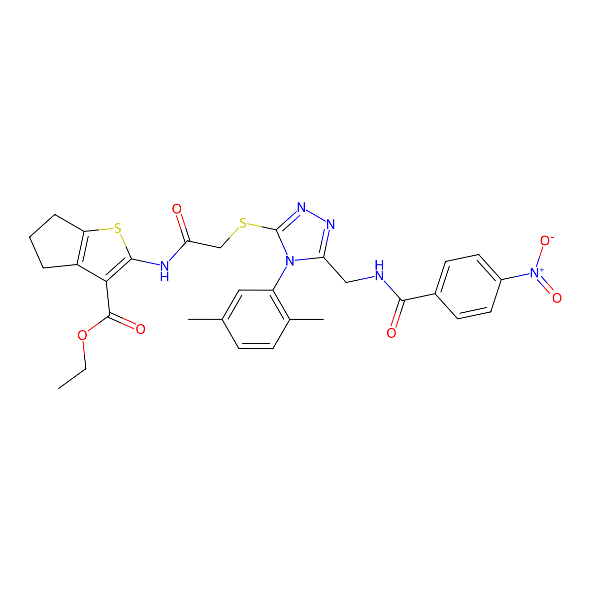 ethyl 2-[[2-[[4-(2,5-dimethylphenyl)-5-[[(4-nitrobenzoyl)amino]methyl]-1,2,4-triazol-3-yl]sulfanyl]acetyl]amino]-5,6-dihydro-4H-cyclopenta[b]thiophene-3-carboxylate molecular structure, CAS 393849-39-3